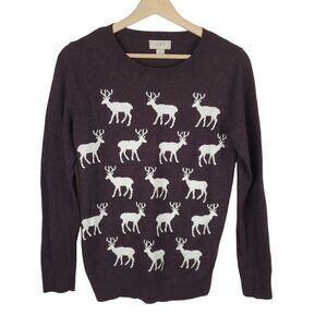Loft Sweater Womens small Brown White Deer Knit‎ Cotton Festive Gorpcore Novelty